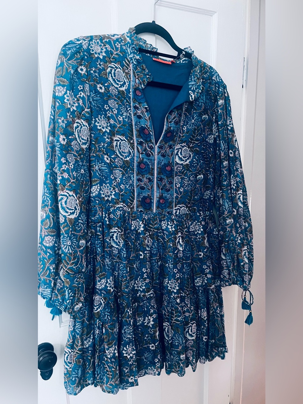 Oliphant Teal Floral Long-Sleeve Mini Dress- Medium